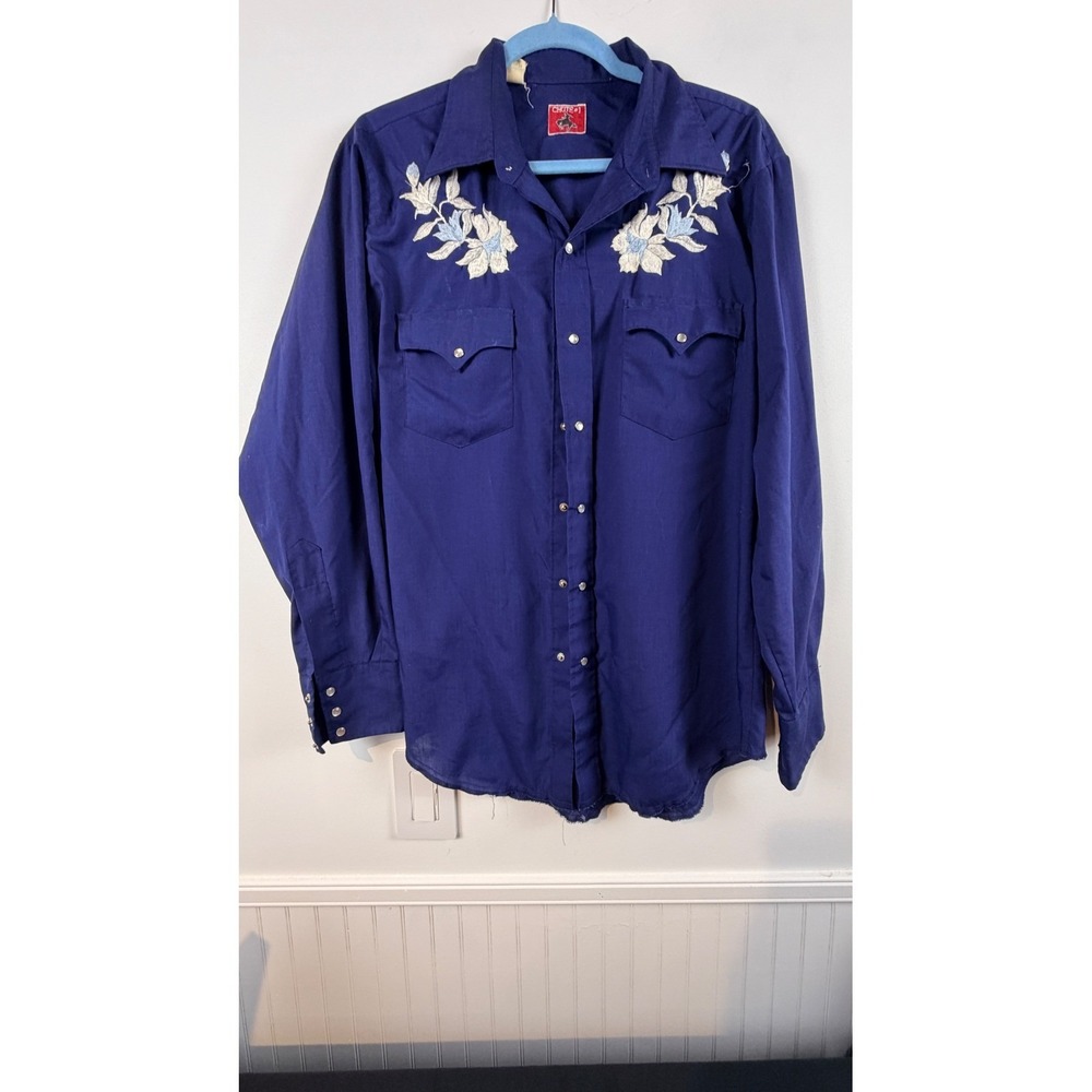 Vintage Chute #1 Mens Blue Floral Embroidered Western Pearl Snap Shirt 16.5 x 34